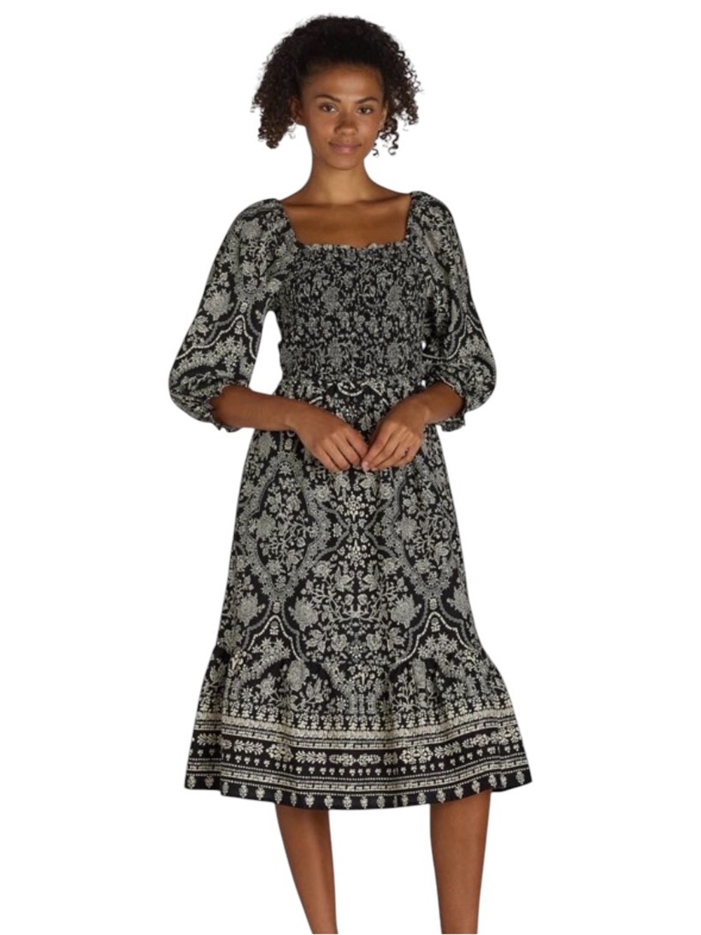 The Pioneer Woman Black Paisley Floral Smocked Midi Dress Boho Cottagecore SZ S
